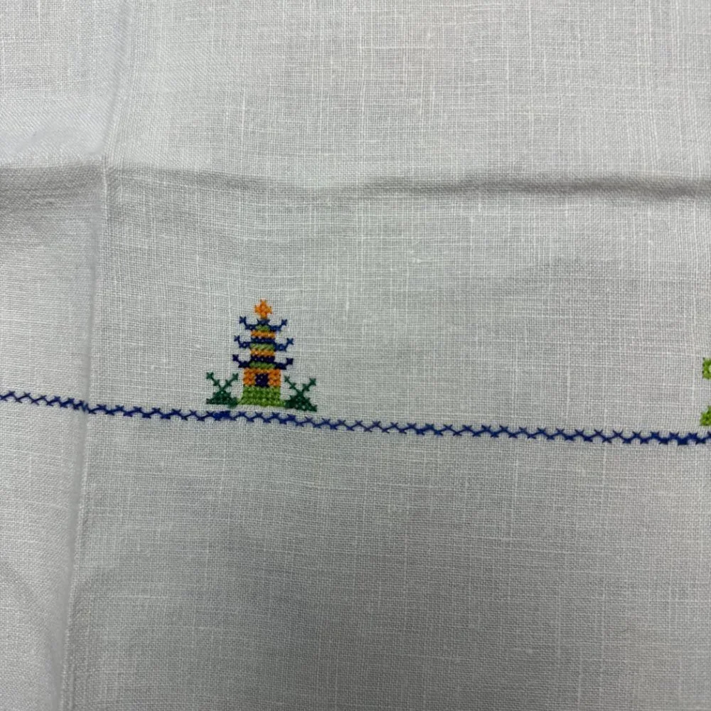Vintage Cross Stitched Tablecloth Asian Style Pagoda